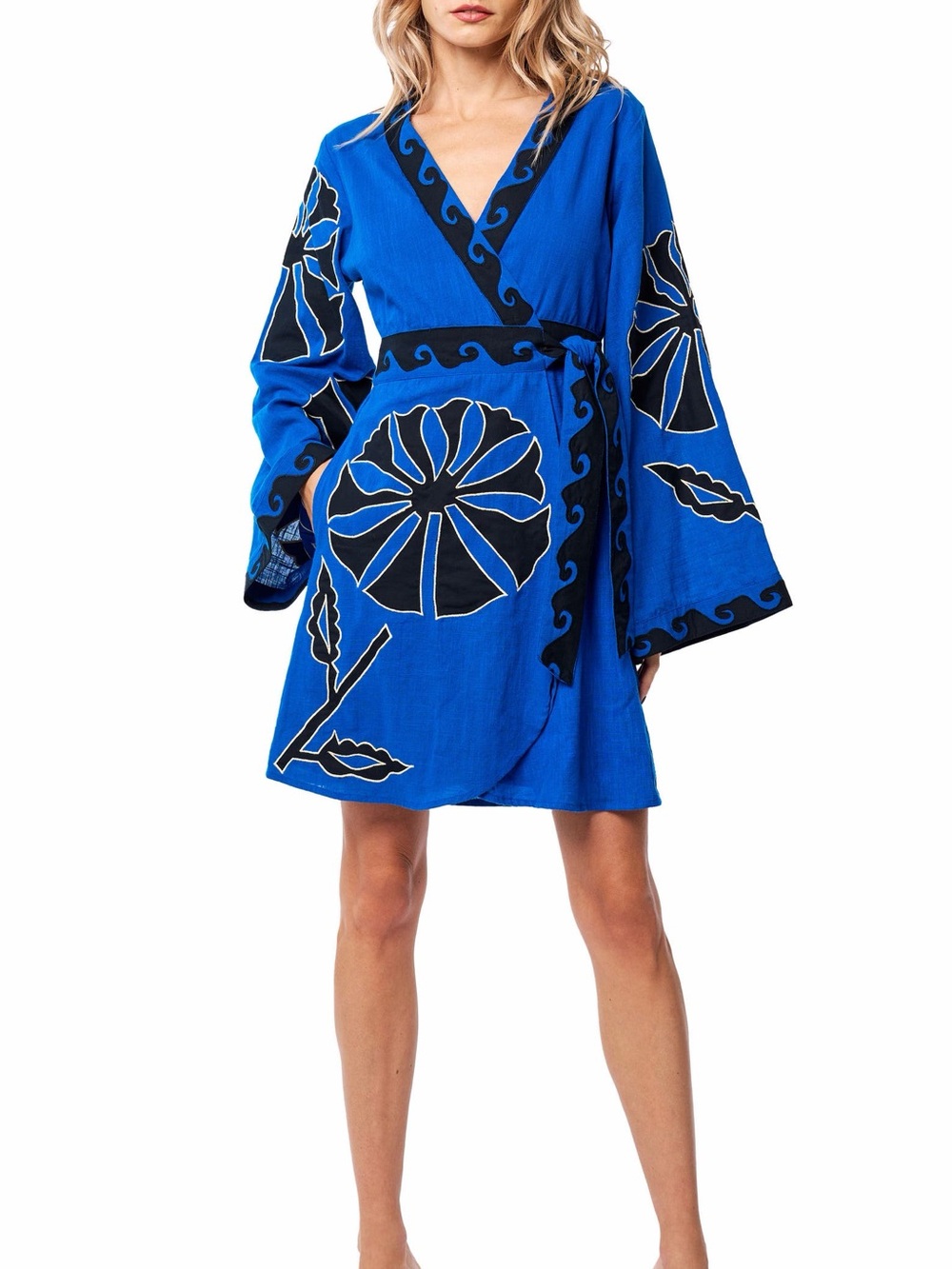NWT CIEBON Kiera Embroidered Long Sleeve Cotton Wrap Dress